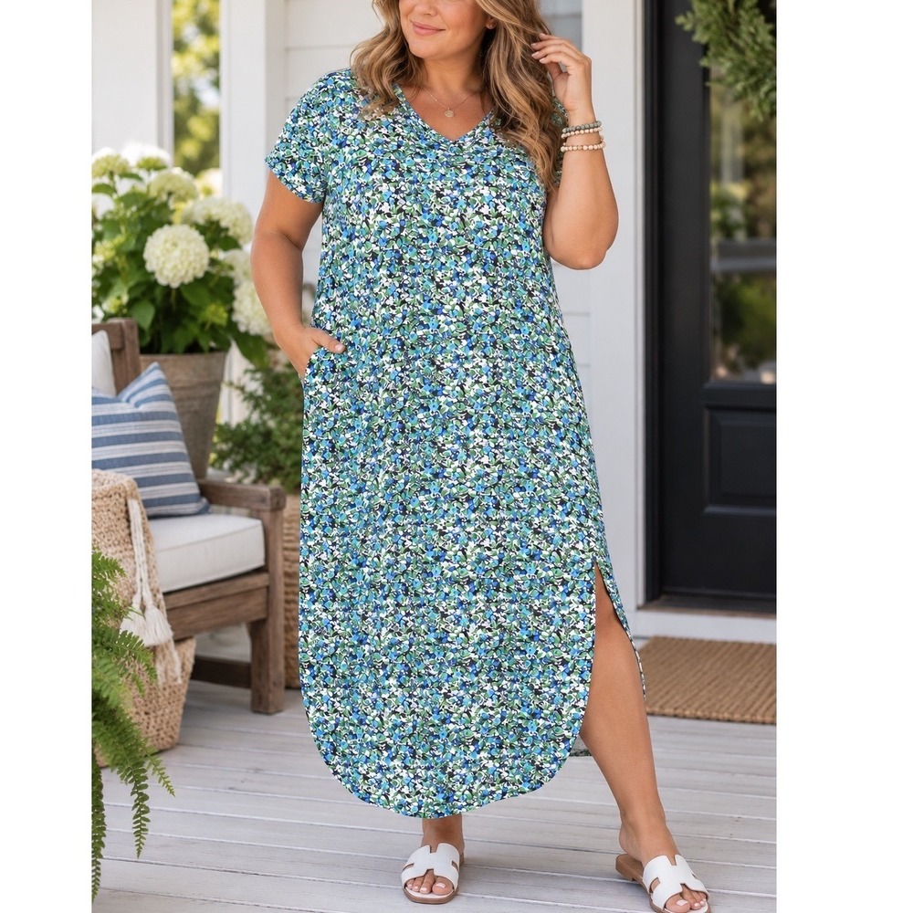 Womens XXL Huskary Maxi Dress Blue Green Floral V-Neck Short Sleeve Side Slit